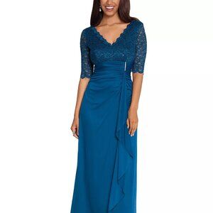 B&A By Betsy and Adam Women Lace-Top Waterfall-Detail Gown Peacock Petite Sz 12P